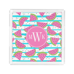 Neon Watermelon on Stripes Pattern Acrylic Tray