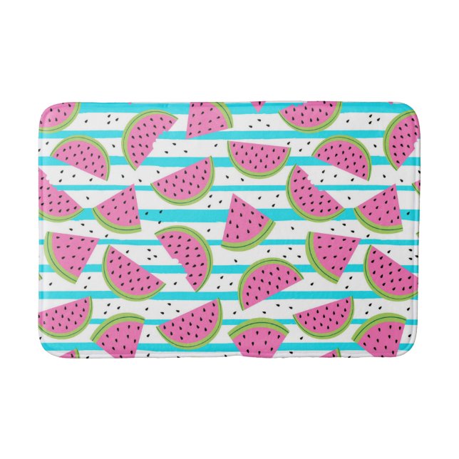 Neon Watermelon on Stripes Pattern Bathroom Mat (Front)