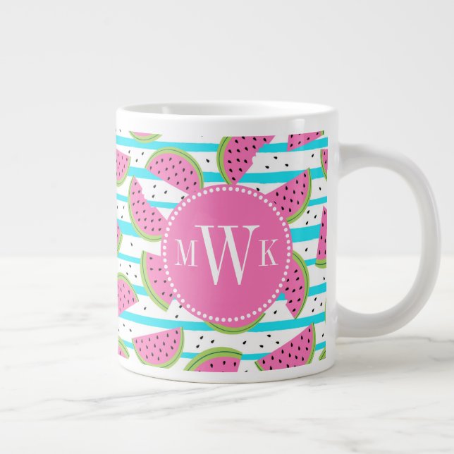 Neon Watermelon on Stripes Pattern Giant Coffee Mug (Right)
