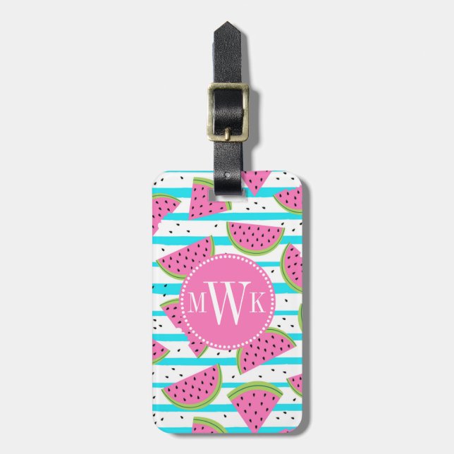 Neon Watermelon on Stripes Pattern Luggage Tag (Front Vertical)