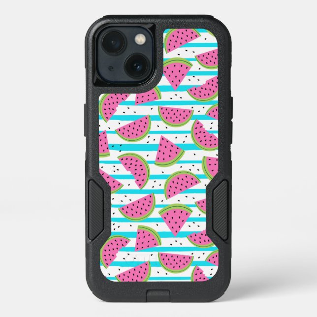Neon Watermelon on Stripes Pattern Otterbox iPhone Case (Back)