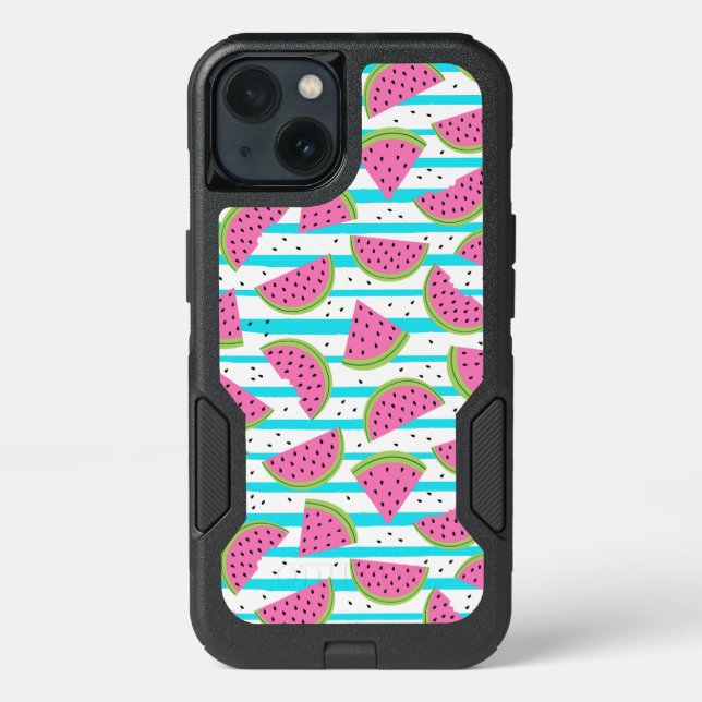 Neon Watermelon on Stripes Pattern Otterbox iPhone Case (Back)