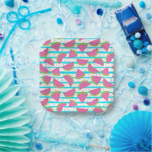 Neon Watermelon on Stripes Pattern Paper Plates