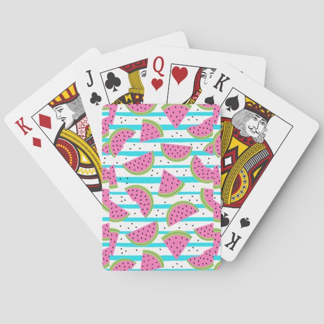 Neon Watermelon on Stripes Pattern Poker Cards (Back)