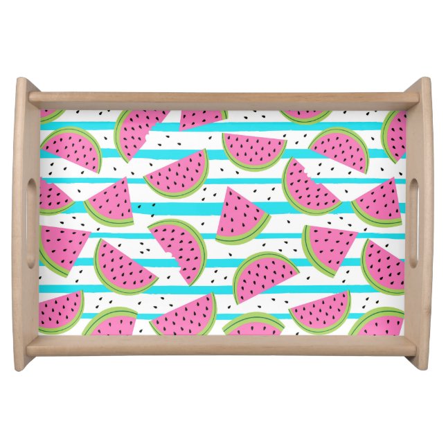 Neon Watermelon on Stripes Pattern Serving Tray (Front)