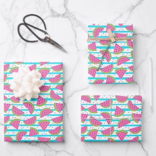 Neon Watermelon on Stripes Pattern Wrapping Paper Sheets