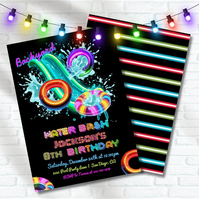 Neon waterslide tubing pool birthday party invitation (Creator Uploaded)