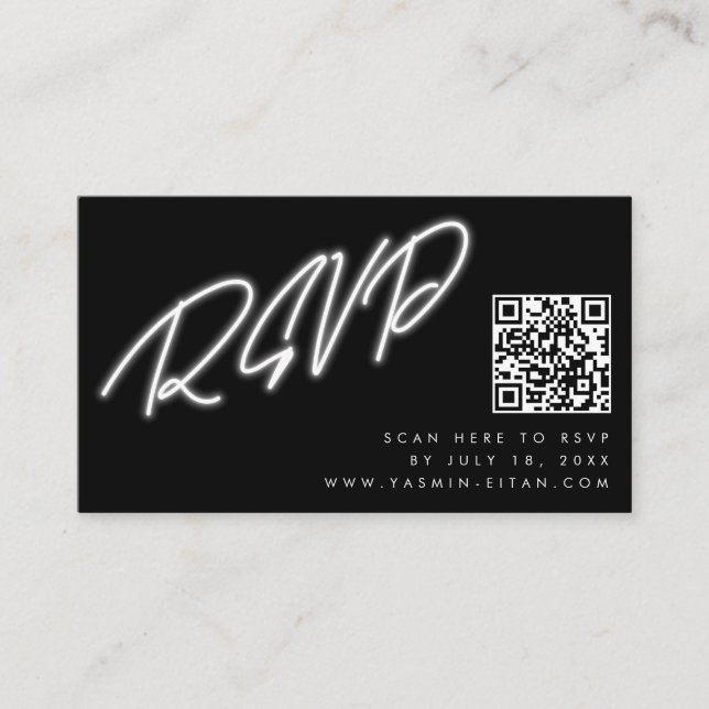 Neon White Script Black QR Code Wedding RSVP Enclosure Card (Front)