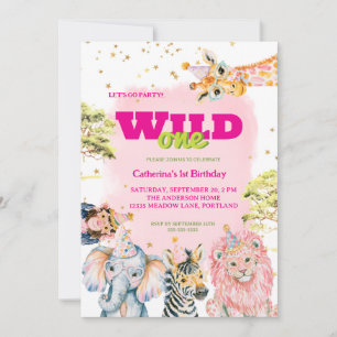 Neon Wild One Cute Jungle Animal Child's 1st Birth Invitation