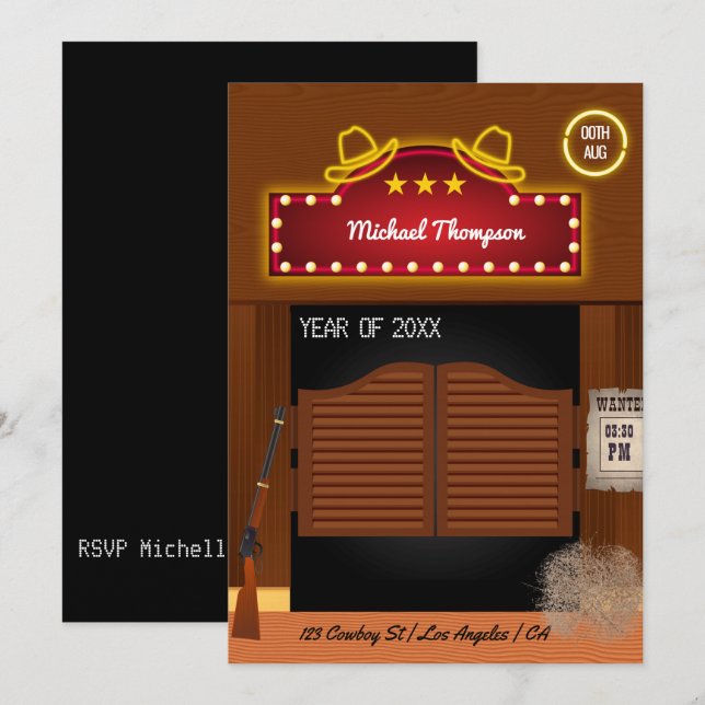 Neon Wild West Cowboy themed Graduation Party Invi Invitation (Front/Back)