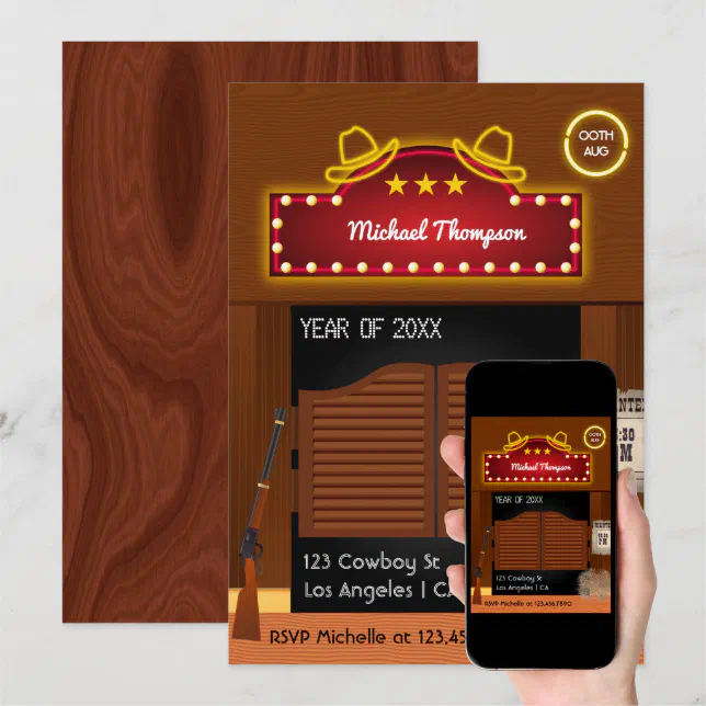 Neon Wild West Cowboy themed Graduation Party Invi Invitation | Zazzle