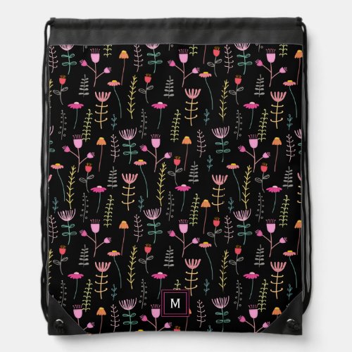 Neon Wildflowers on Black monogrammed  Drawstring Bag
