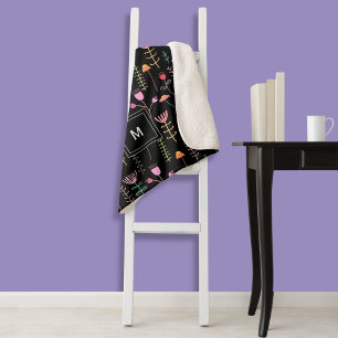 Neon Wildflowers on Black, monogrammed Sherpa Blanket