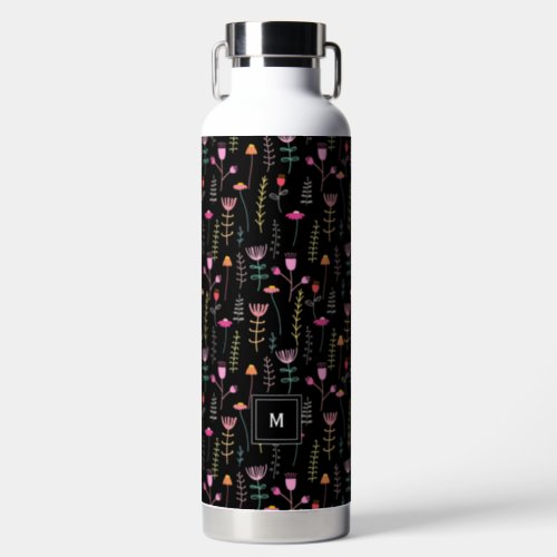 Neon Wildflowers on Black monogrammed  Water Bottle