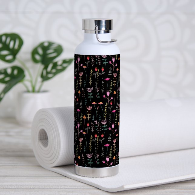 Neon Wildflowers on Black, monogrammed  Water Bottle (Yoga)