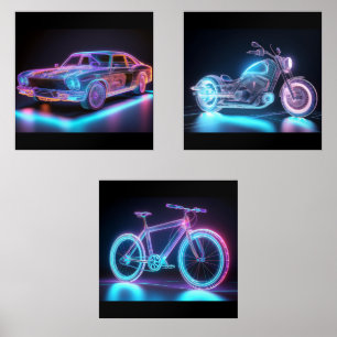 Neon Wireframe Vehicle Art – Futuristic Design Set
