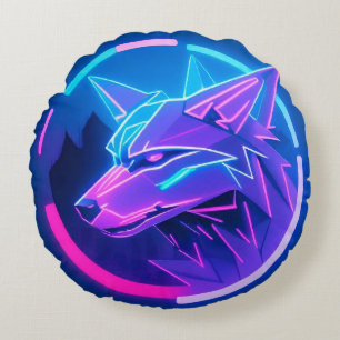 Neon Wolf Face In Geometric Futuristic Style 🐺✨ Round Pillow