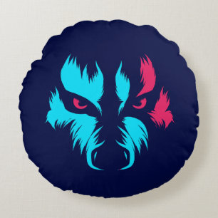 Neon Wolf Face Round Pillow