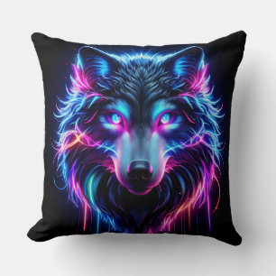 Neon Wolf Glowing Eyes Cyberpunk Futuristic Animal Throw Pillow