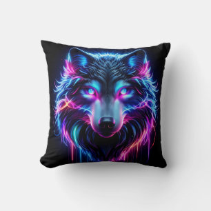 Neon Wolf Glowing Eyes Cyberpunk Futuristic Animal Throw Pillow