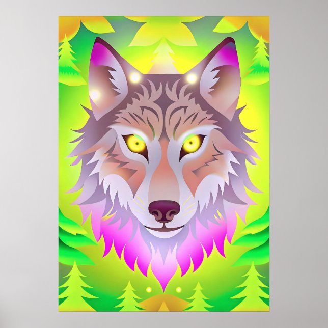 Neon Wolf in Abstract Forest Poster (Front)