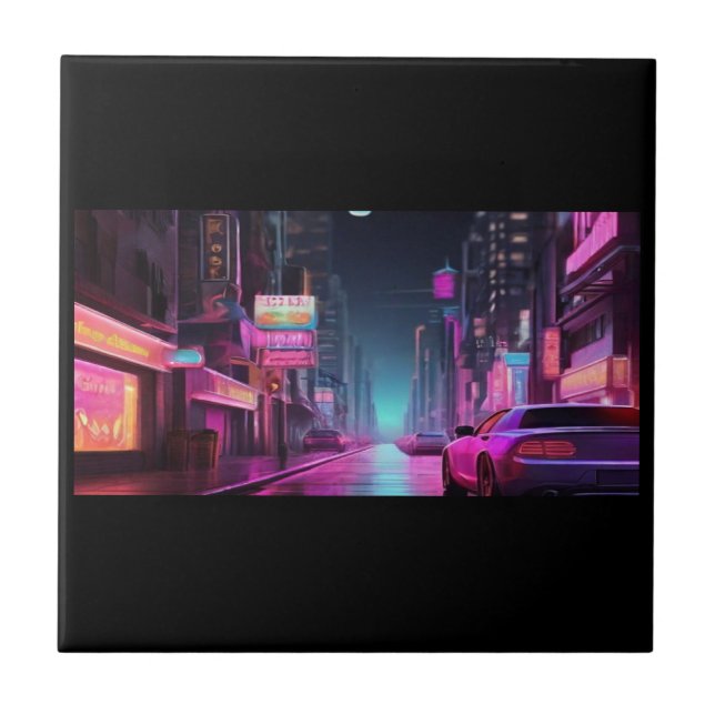 Neon wonderland  future city ceramic tile (Front)