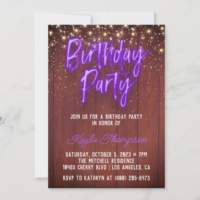 Neon Wooden Wall Birthday Party Invitation (Back)