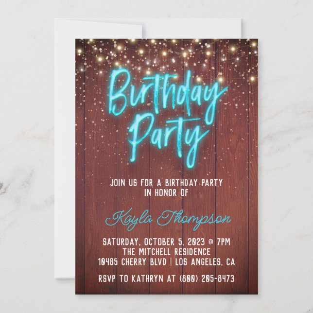 Neon Wooden Wall Birthday Party Invitation (Back)