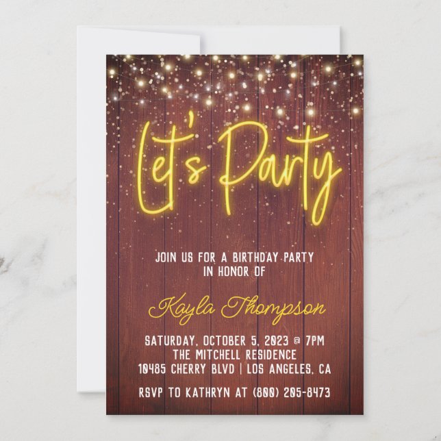 Neon Wooden Wall Let's Party Invitation (Back)