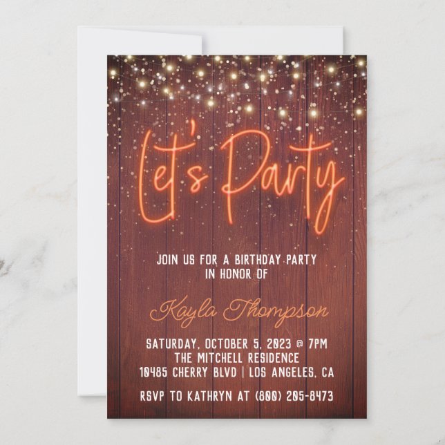 Neon Wooden Wall Let's Party Invitation (Back)