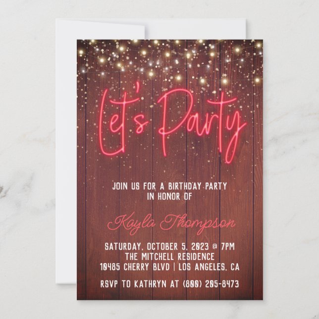 Neon Wooden Wall Let's Party Invitation (Back)