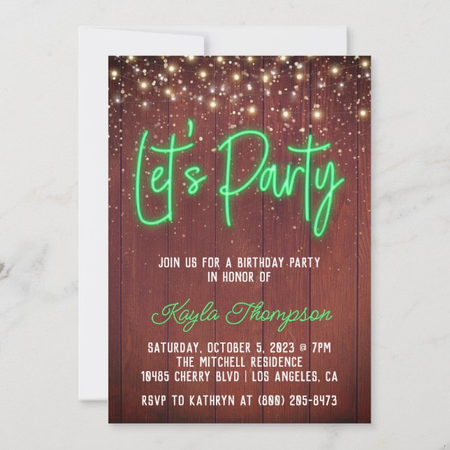 Neon Wooden Wall Let's Party Invitation (Back)