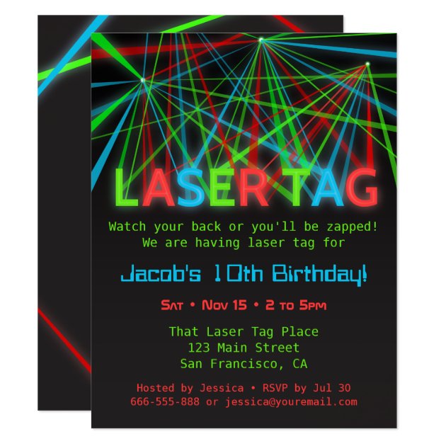 Neon Words Laser Tag Birthday Party Invitations