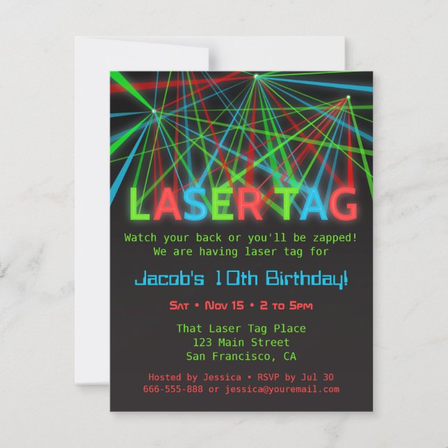 Neon Words Laser Tag Birthday Party Invitations (Front)