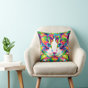 Neon WPAP Cat Throw Pillow Colorful Pop Art Decor