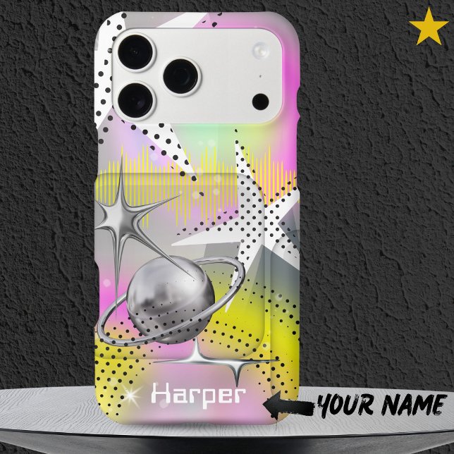 Neon Y2K Glass Chrome Star Planet Custom Name iPhone Case (Creator Uploaded)