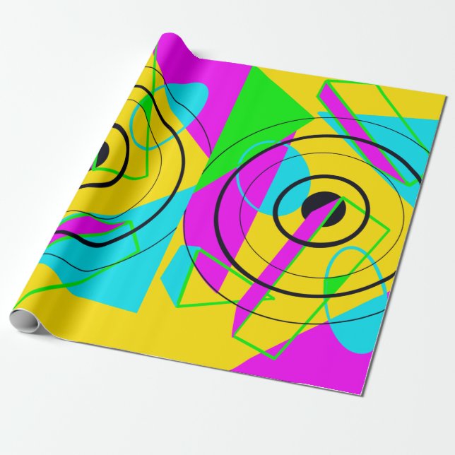 Neon Yellow and Pink Spiral 80s Wrapping Paper (Unrolled)