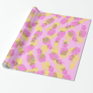 Neon Yellow and Pink Tropical Hawaiian Pineapples Wrapping Paper