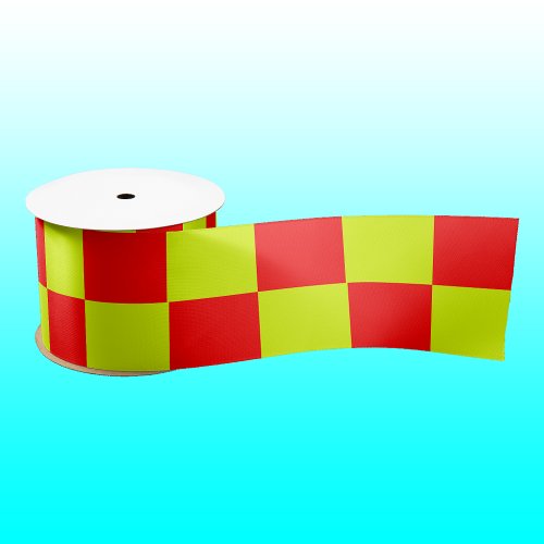 Neon Yellow and Red Checkered Checkerboard Vintage Satin Ribbon