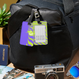 Neon Yellow and Violet Pop Art Zebra Print Luggage Tag