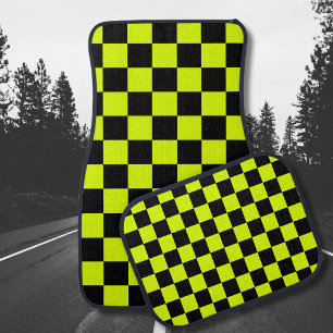 Neon Yellow Black Checkered Checkerboard Vintage Car Floor Mat