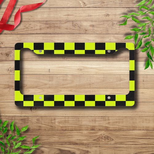 Neon Yellow Black Checkered Checkerboard Vintage License Plate Frame