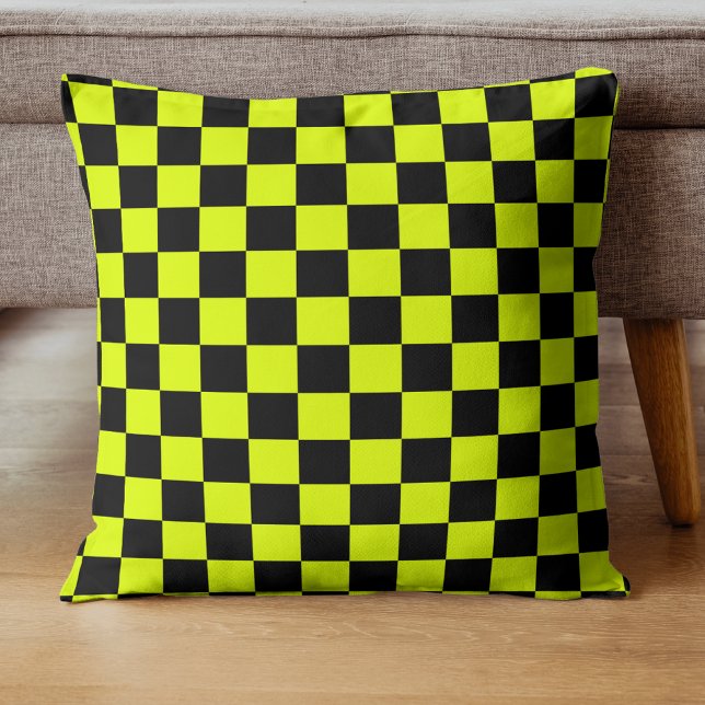 Neon Yellow Black Checkered Checkerboard Vintage Throw Pillow (Creator Uploaded)
