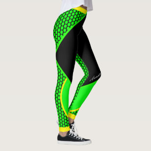 Neon Yellow Black Green Dots Strip Leggings