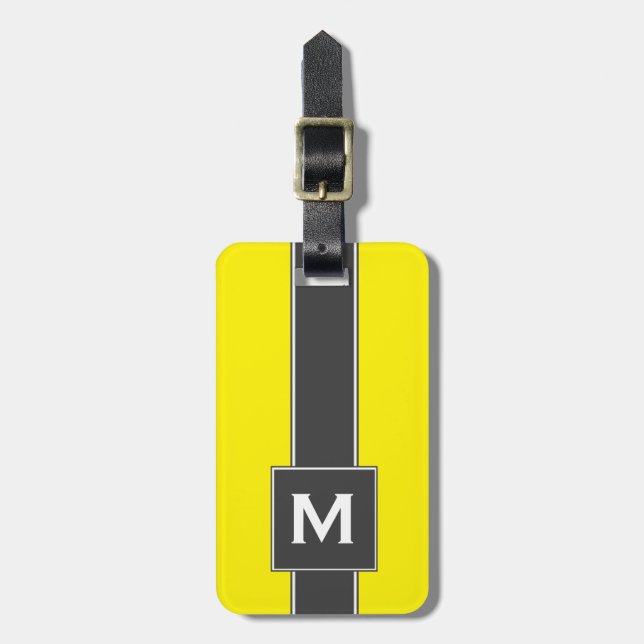 Neon Yellow Black Striped Personalized Monogram Luggage Tag (Front Vertical)