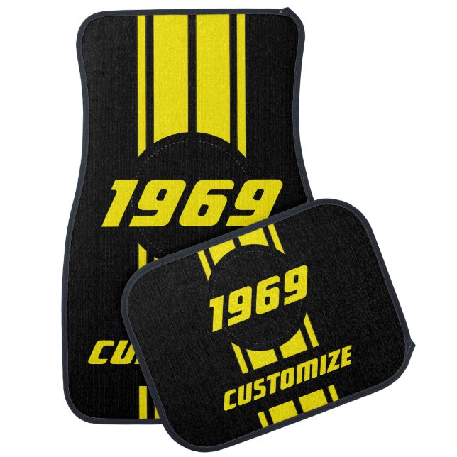 Neon Yellow Double Race Stripes Car Floor Mat (Set)