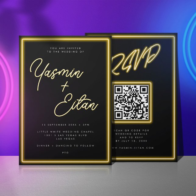 Neon Yellow Lights Black Modern RSVP Wedding Invitation (Black invitation with yellow neon light script for the bride and groom's names)