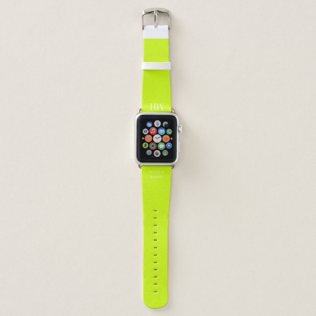 Neon Yellow Monogram Initials Simple Modern Name Apple Watch Band (Front)