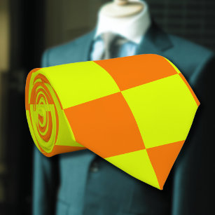 Neon Yellow Orange Checkered Checkerboard Vintage Neck Tie