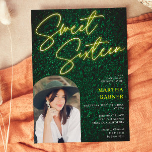 Neon yellow sign script green photo arch Sweet 16 Invitation